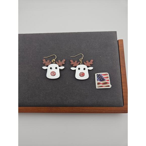 Glitter Silver Tone Mirror Reindeer Earrings Hook Style Dangle Drop Christmas - Picture 3 of 4